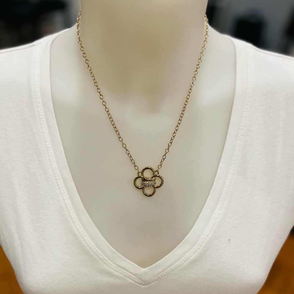 TAHARI Clover Necklace Gold Tone Crystal Pave Pendant Necklace